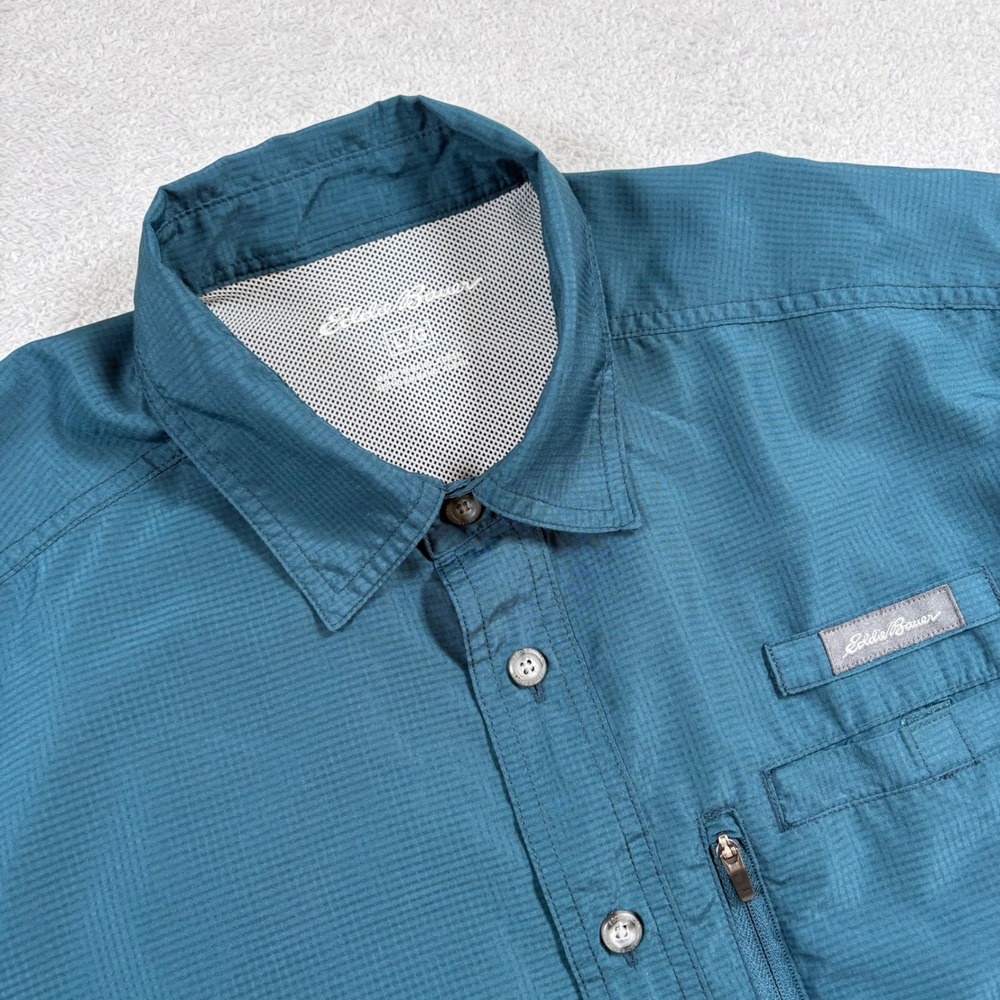 Eddie Bauer Mens Large Teal Blue Ripstop Short Sleeve Hiking Fishing Shirt Mesh
